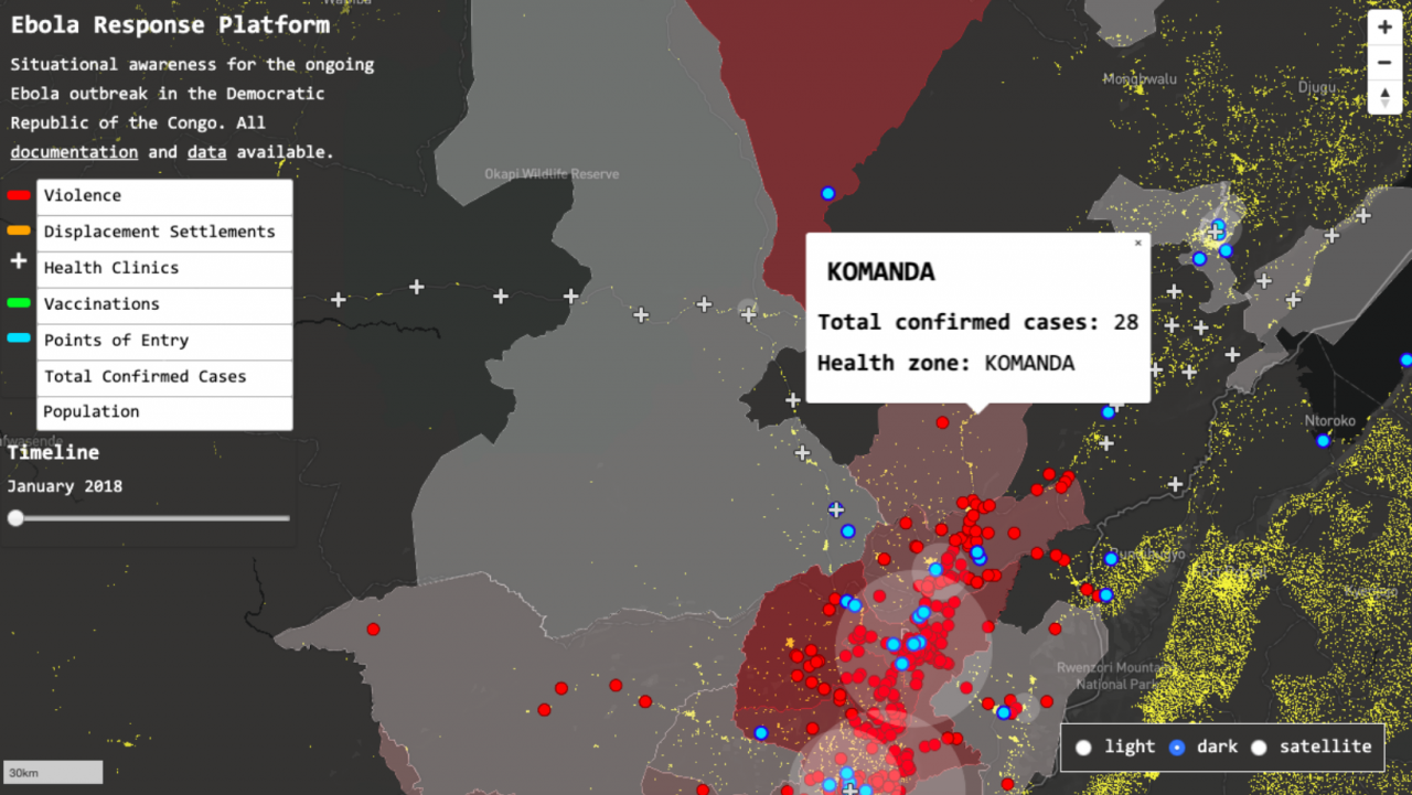 A computer generated map showing different aspects of the ebola outbreak in the DRC including cases, movement of population, and crime statistics