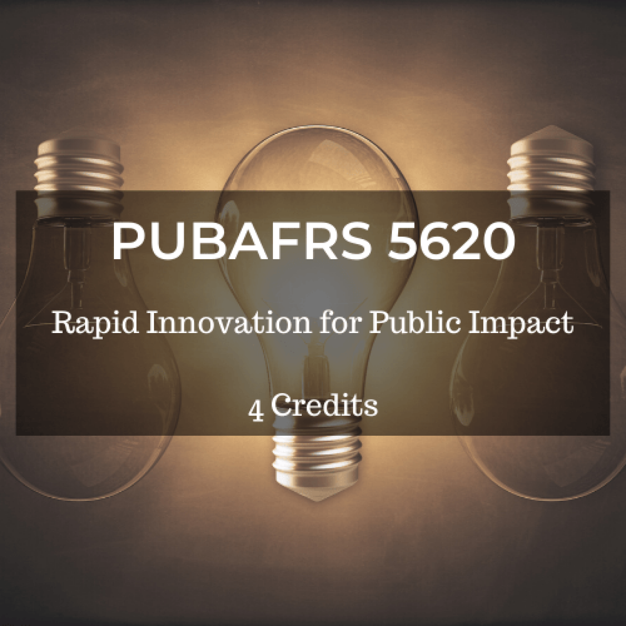 Three light bulbs alternating up and down with the center one lit and the words "PUBAFRS 5620 Rapid Innovation for Public Impact 4 credits" laid on top of the picture.