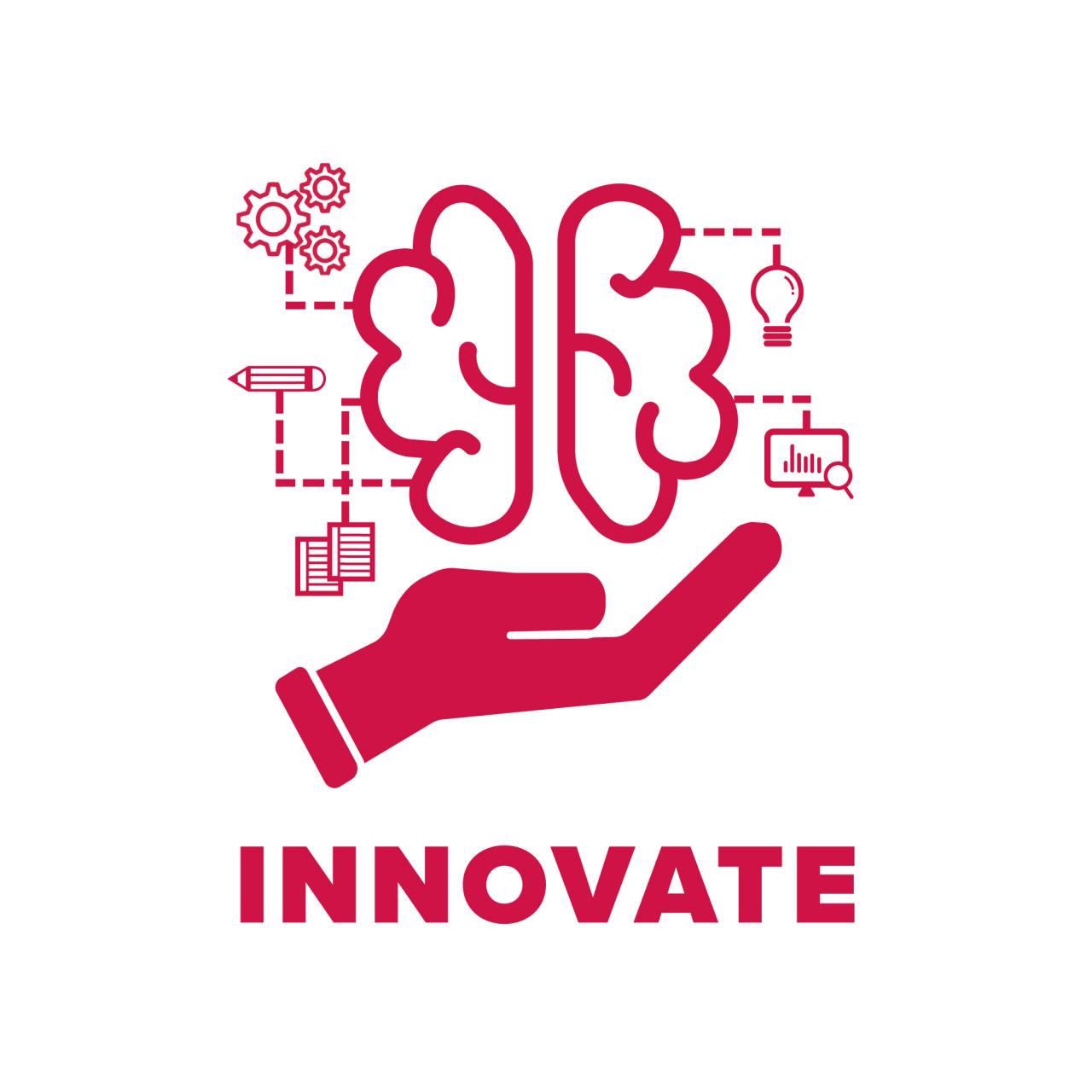 A red graphic depicting a hand holding a brain with numerous thoughts going through it including a lightbulb, gears, papers, data, and pencil. The title at the bottom reads "Innovate"
