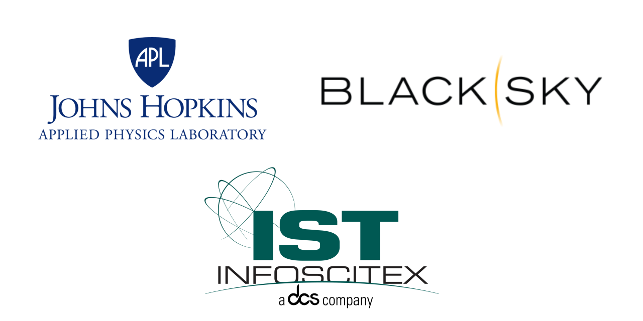 A banner with three logos: Johns Hopkins Applied Physics Lab top left, BlackSky top right, and InfoSciTex at the bottom center