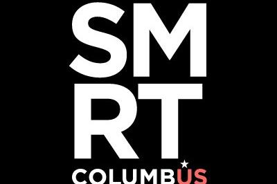 Logo for Smart Columbus. "SM" on top of "RT" on top of Columbus on a black background