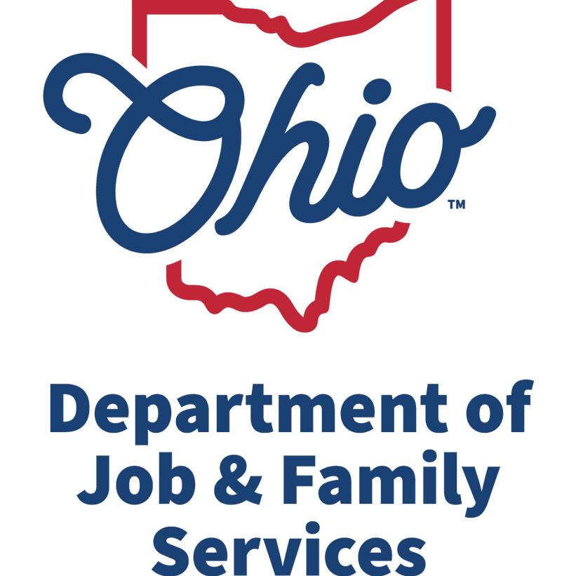 Logo for ODJFS with a red outline of Ohio and "Ohio" in script writing