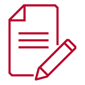 Scarlet line icon of a document with a pencil