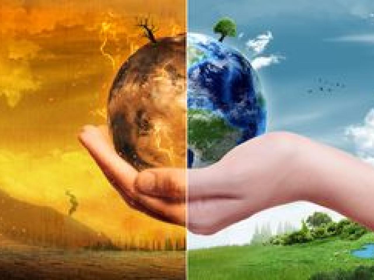 A hand holding the earth with the left side showing barren fields and the right side showing a green and blue atmosphere