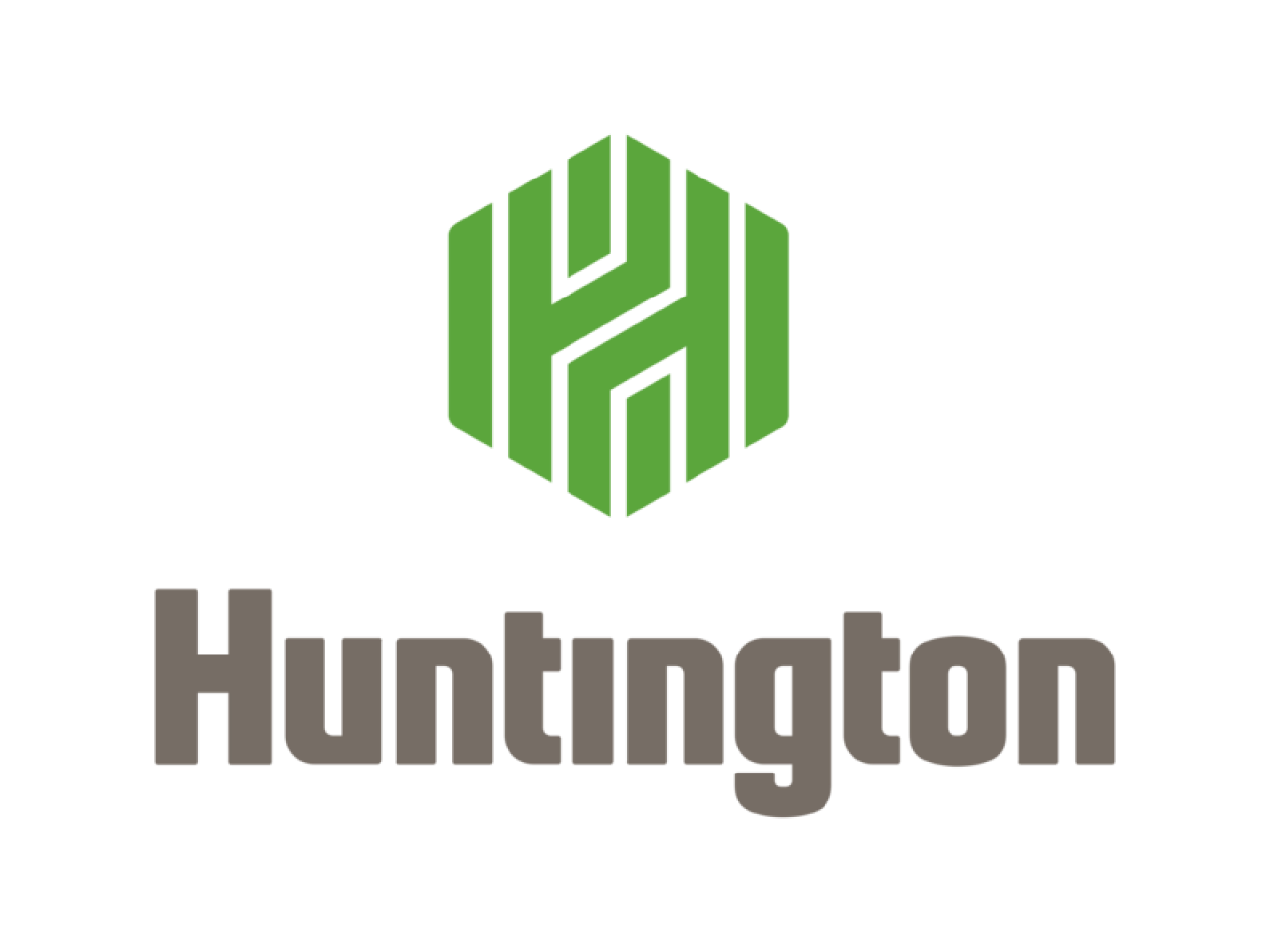 Logo for Huntington Bank with a green hexagon on top and "Huntington" in gray letters below