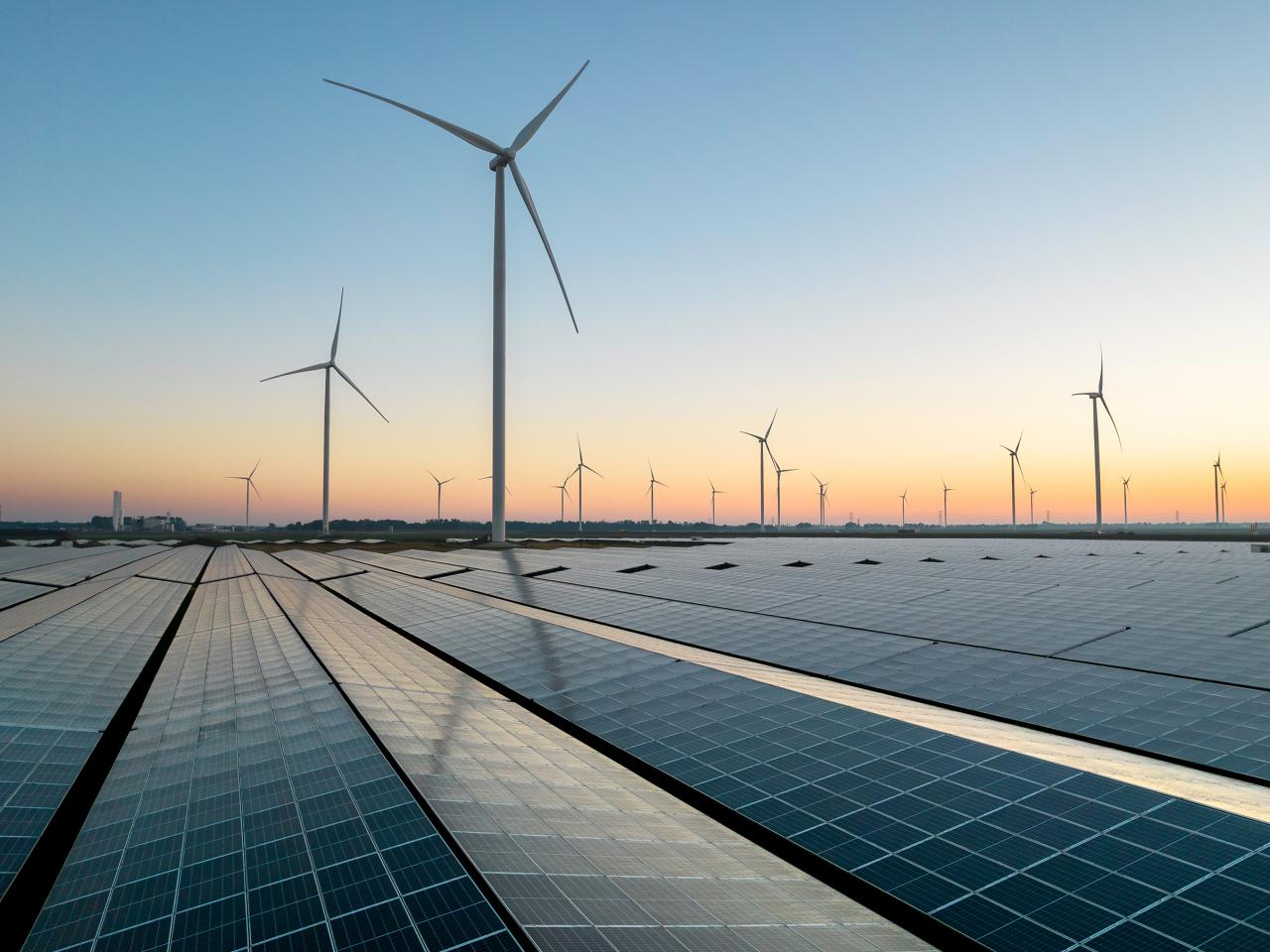 Windmills and solar panel field during sunrise
