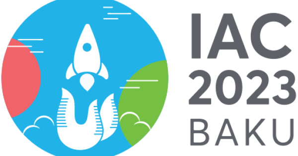 IAC 2023 Logo: A blue circle with a red and green semi circle on either side of a white rocket in the center with flames coming out.