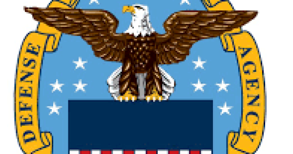 A drawn bold eagle on an american flag with a light blue background and the words "Defense Logistics Agency" in gold banners on the edge.