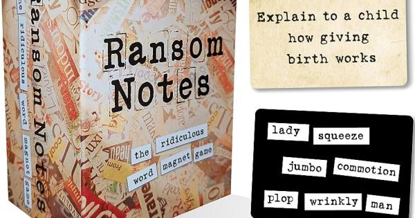 Box for the board game "Ransom Notes" with an example of how the game works.