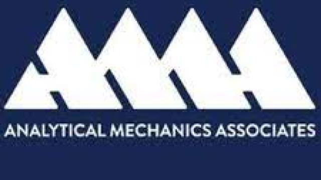 Logo for Analytical Mechanics Associates, four overlapping white triangles against a blue background